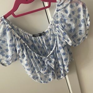 Sheer white and blue floral top
